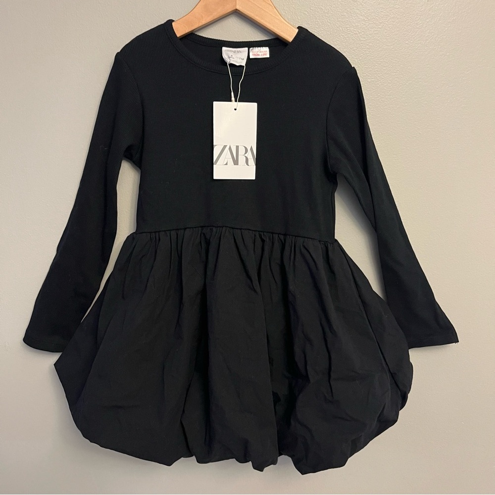NWT Zara black long sleeve mixed media bubble hem dress